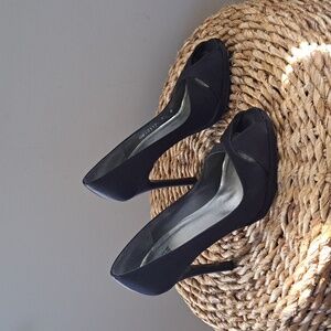 Stuart Weitzman Womens Classic Black Satin Platform 4.25" Heels‎ Open Toe Size 7